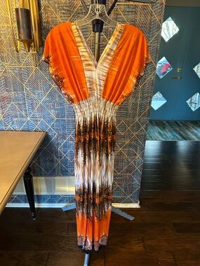 Vibrant Orange Ombre V-Neck Maxi Dress with Elastic Waist XL